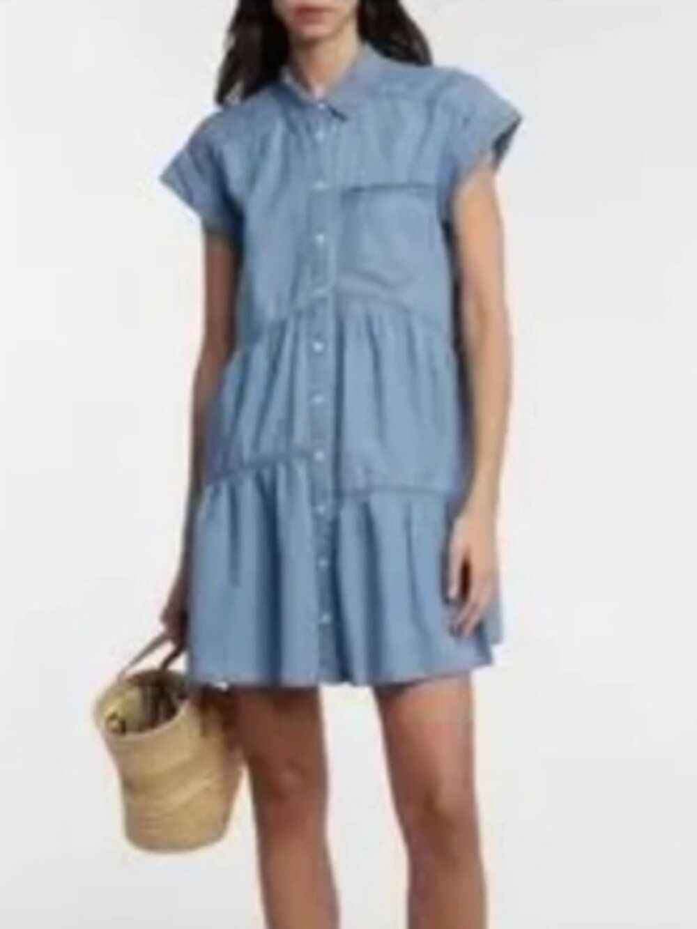Veronica Beard Harrow Blue Denim Tiered Cap Sleeve Shirt Dress 4